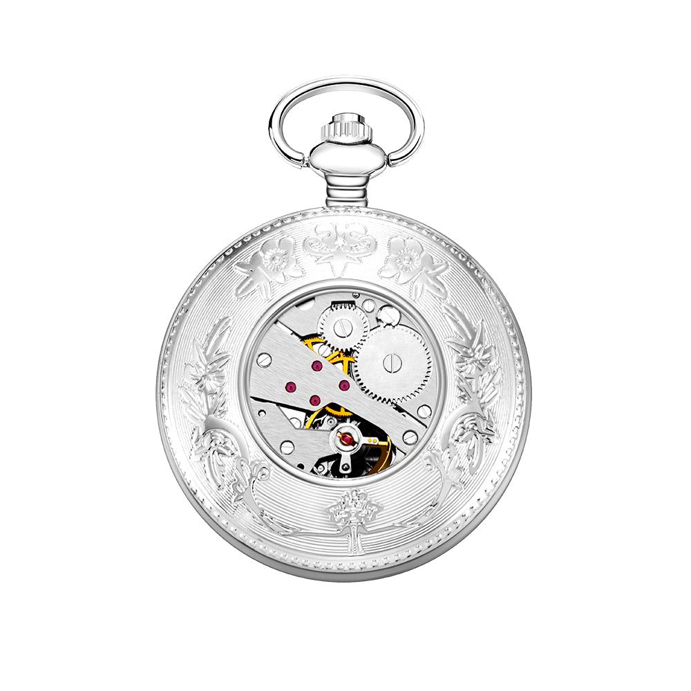Silver Mechanical Pocket Watch with Special Moon Dial and Chain