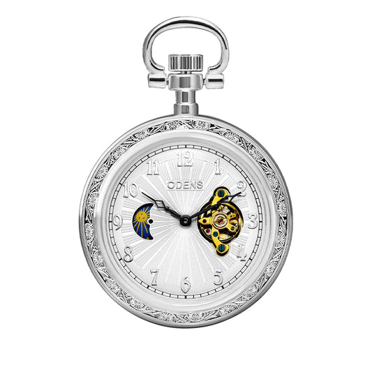 Silver Open Face Mechanical Pocket Watch with Moon Dial