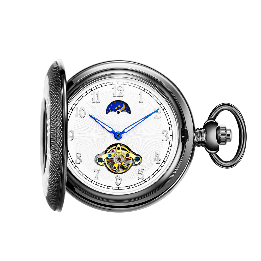Black Mechanical Pocket Watch with Outer Numerals and Inner Moon Dial