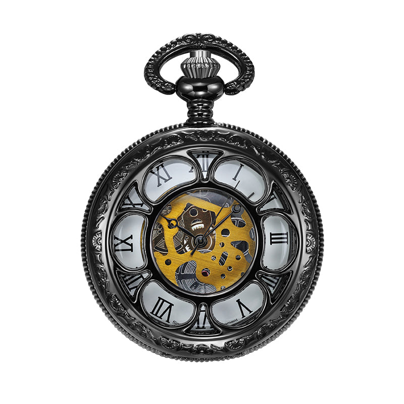 Black Quartz Pocket Watch with Hollow Flower-Designed Case