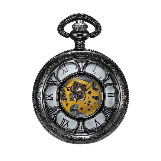 Black Quartz Pocket Watch with Hollow Flower-Designed Case
