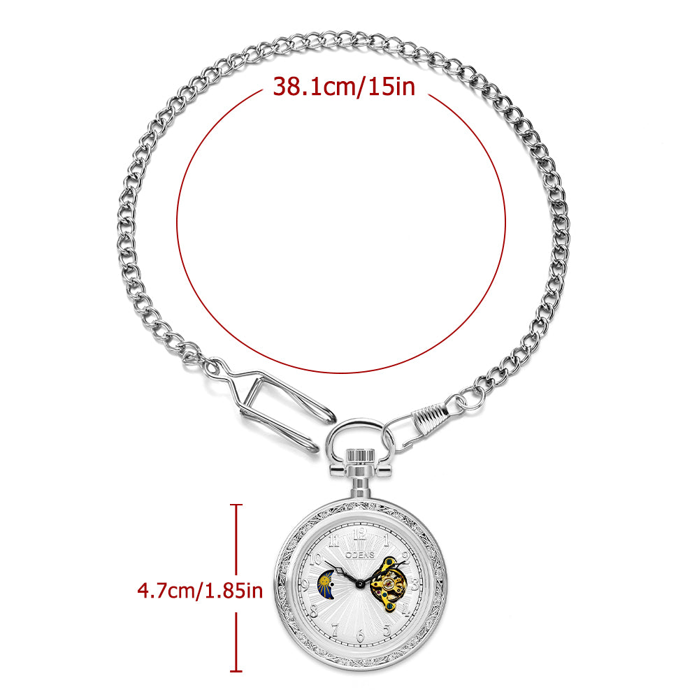 Silver Open Face Mechanical Pocket Watch with Moon Dial