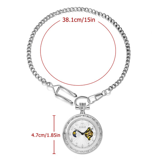 Silver Open Face Mechanical Pocket Watch with Moon Dial