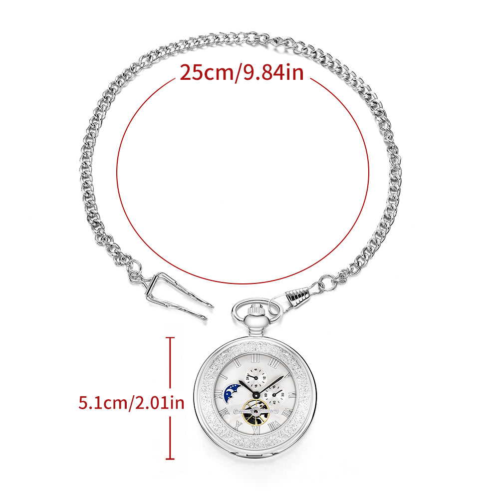 Silver Mechanical Pocket Watch with Special Moon Dial and Chain
