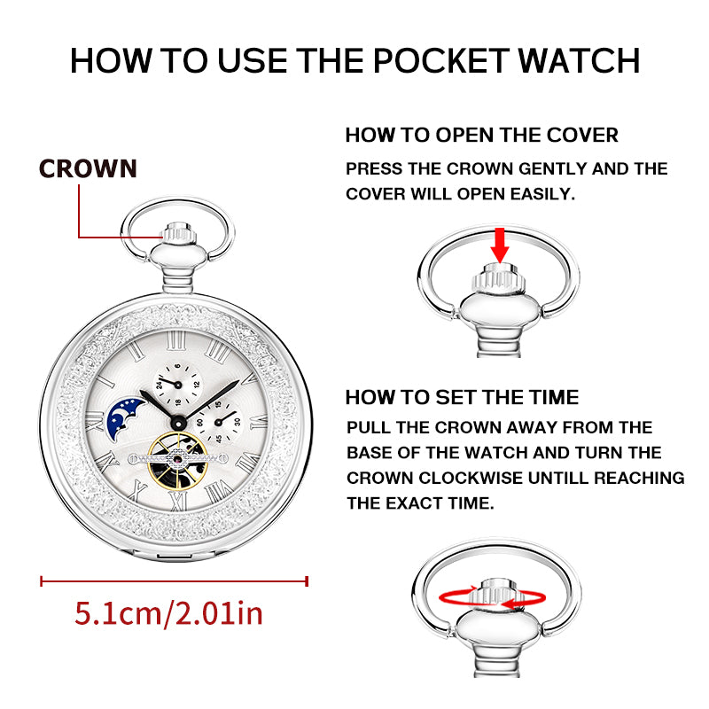 Silver Mechanical Pocket Watch with Special Moon Dial and Chain