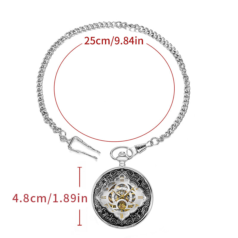 Silver Half Double Hunter Mechanical Watch with Special Golden Movement and Chain