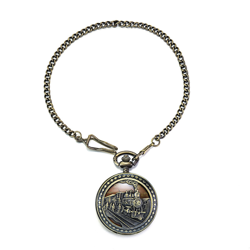 Bronze Train Quartz Pocket Watch with Chain
