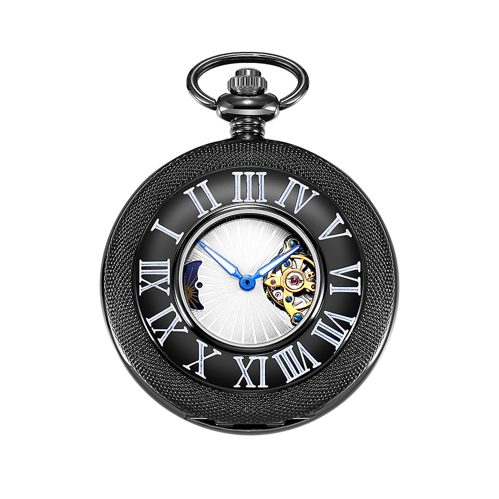 Black Mechanical Pocket Watch with Outer Numerals and Inner Moon Dial