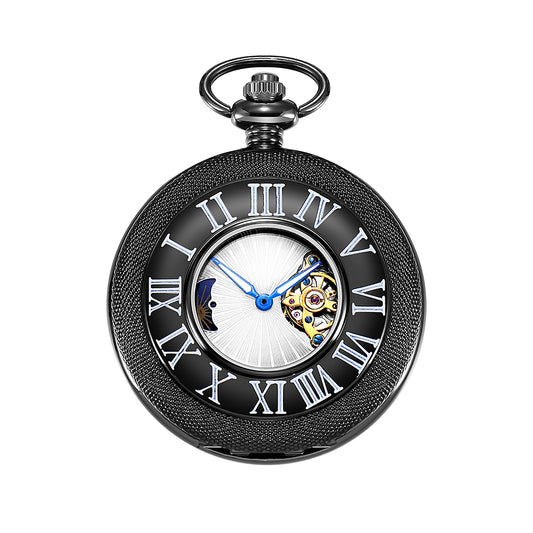 Black Mechanical Pocket Watch with Outer Numerals and Inner Moon Dial