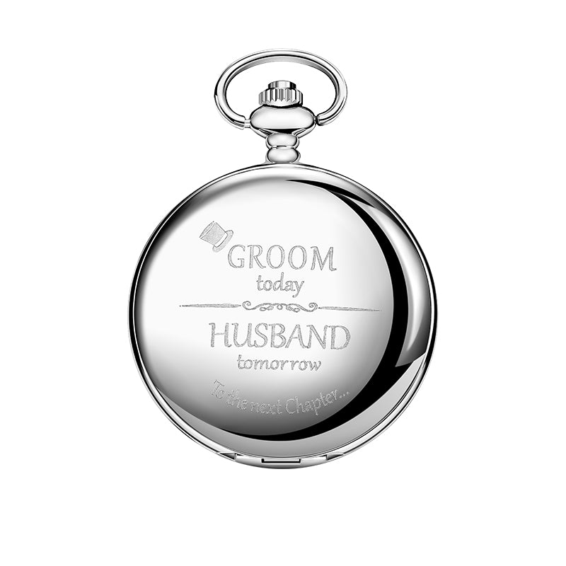 Classic Wedding Gift for Groom, Silver Quartz Pocket Watch with Chain