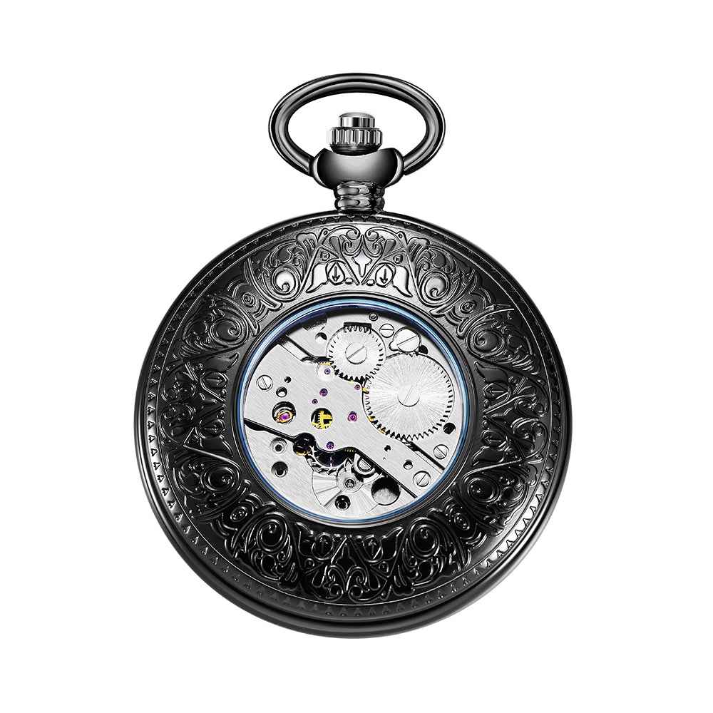 Black Mechanical Pocket Watch with Outer Numerals and Inner Moon Dial