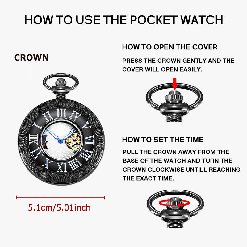 Black Mechanical Pocket Watch with Outer Numerals and Inner Moon Dial